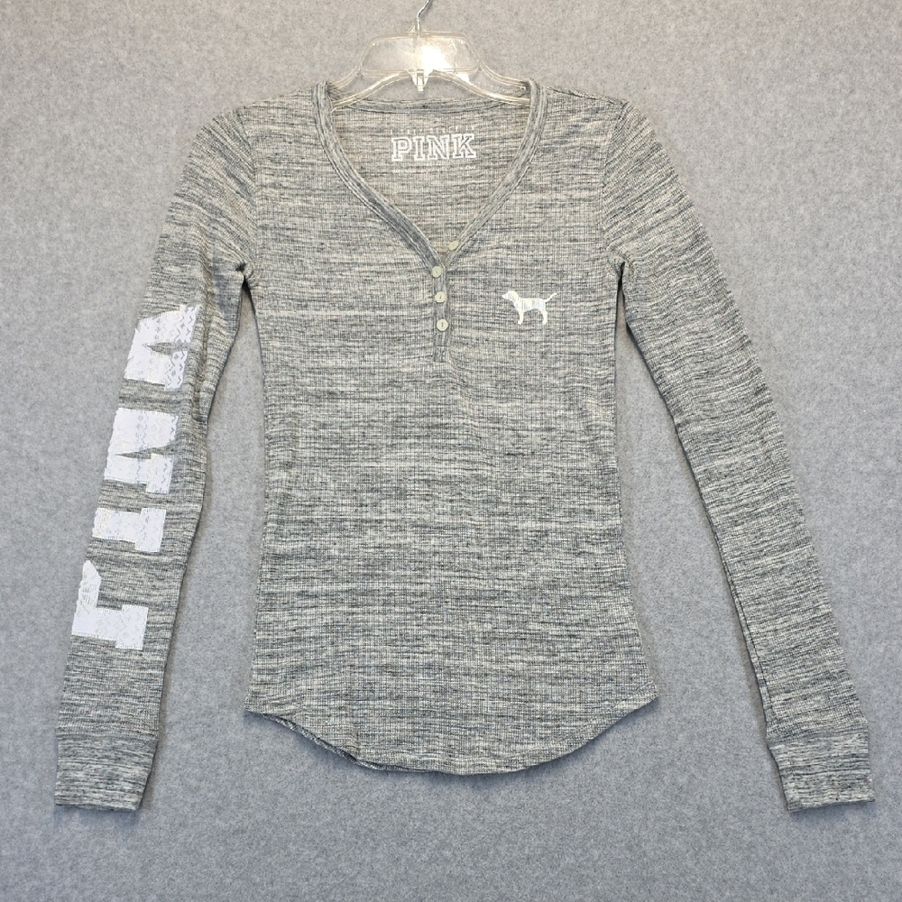 PINK Victoria's Secret Gray Marled Long Sleeve Henley Tee